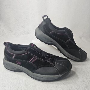 RYKA Black Leather Suede Shoe Rubber Toe Zip Front Purple Trim Pull Tab Sz 5
